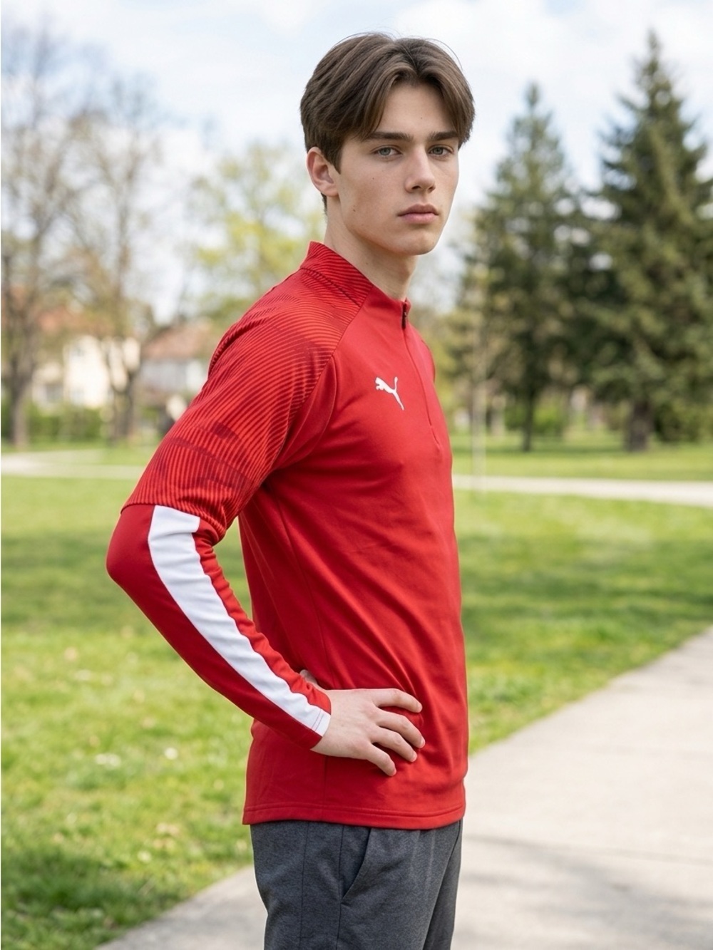 NWT PUMA Youth Red Quarter Zip Mock Neck Long Sleeve Pullover Soccer - Size L